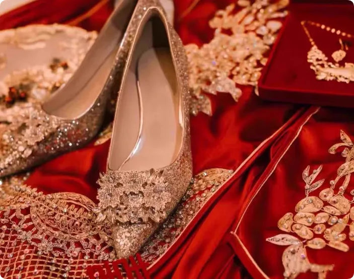 Champagne coloured bridal shoes with rhinestone crystal flower patterns and pointed toe design