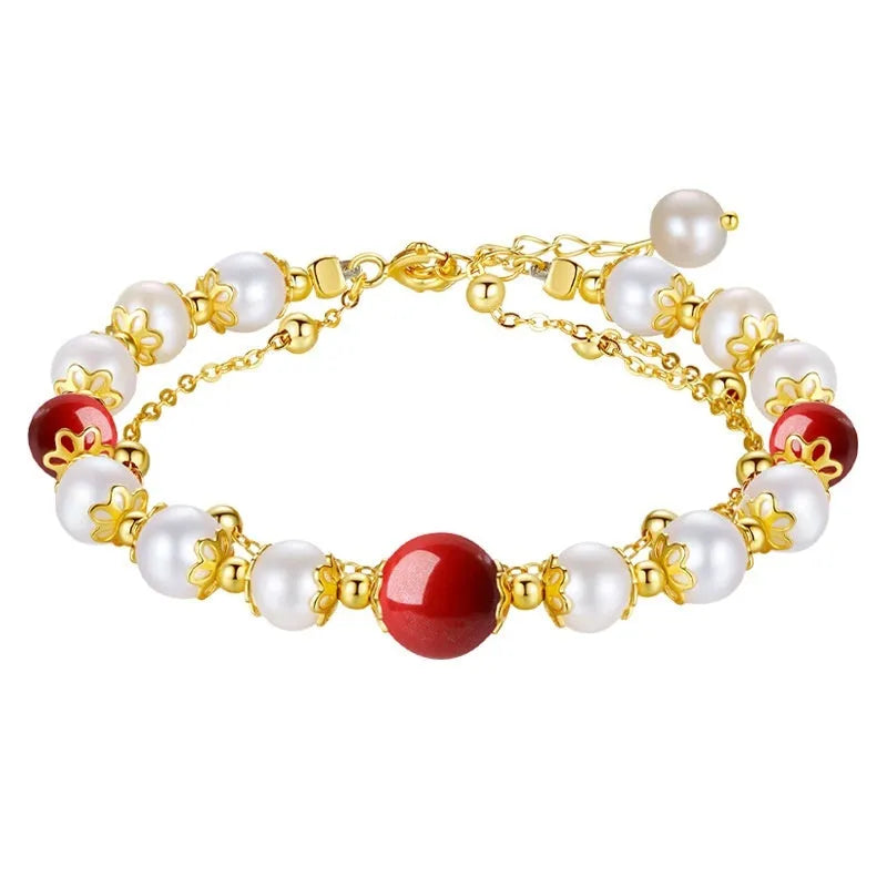 Sterling silver double-layer bracelet with freshwater pearls and cinnabar red bean charms