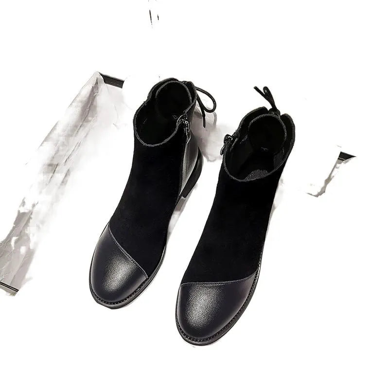 Black women's knee-high microfiber martin boots with side zipper and bow detail
