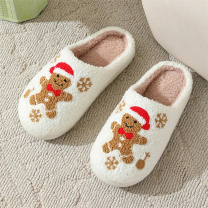 Cozy and stylish gingerbread and snowflake slippers with a plush, fuzzy exterior and non-slip sole for indoor wear