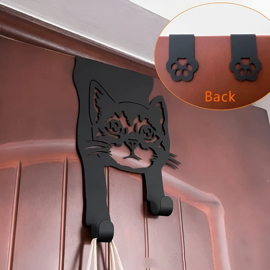 Black iron cat-shaped wall hook with punch-free mounting for decorative hanging