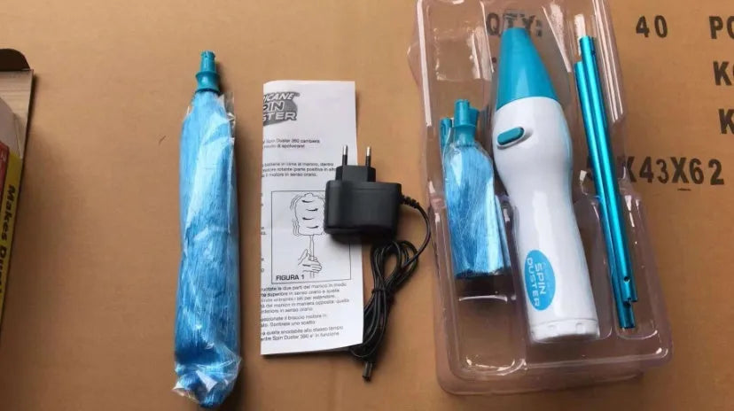 Blue electric dust cleaner with electrostatic bristles, 2 duster heads, for ceiling fans and blinds
