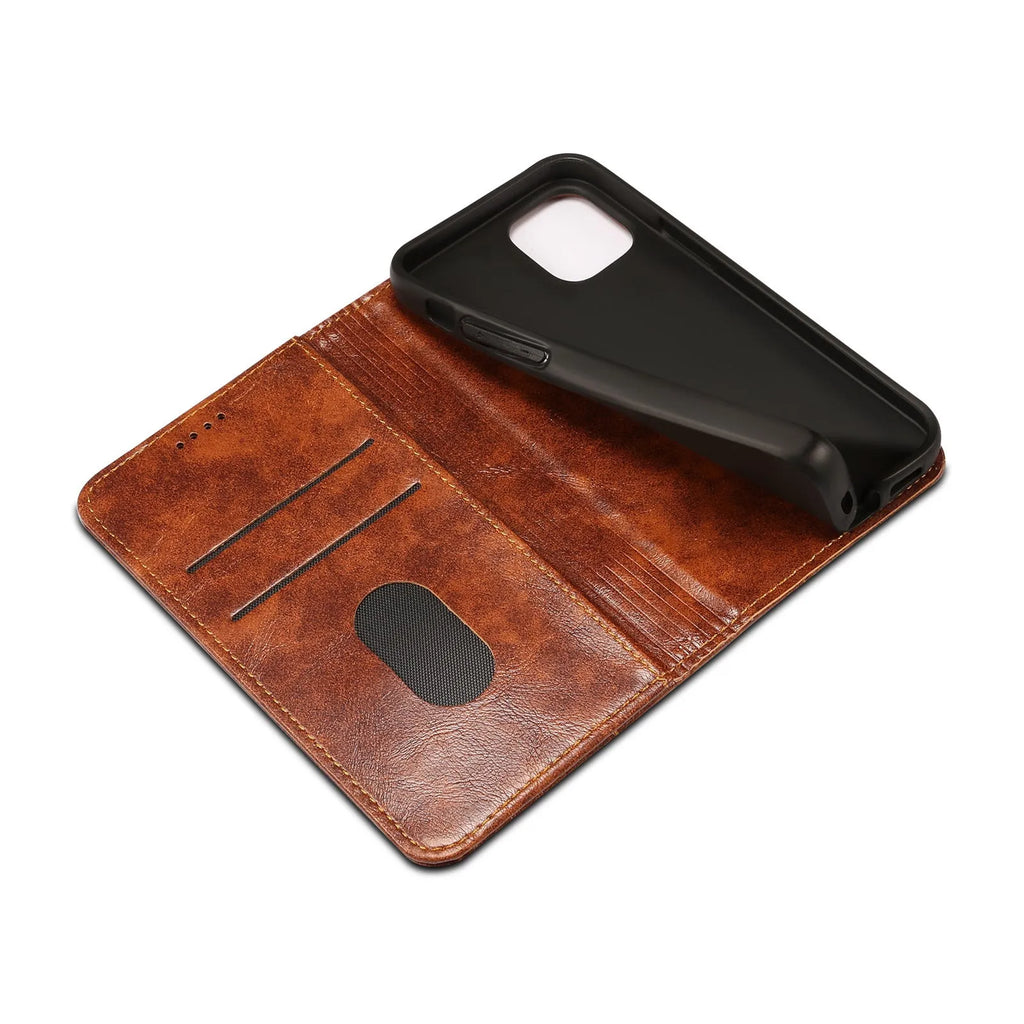 Flip phone case with magnetic card holster and stand bracket for iPhone 15 Pro Max in black