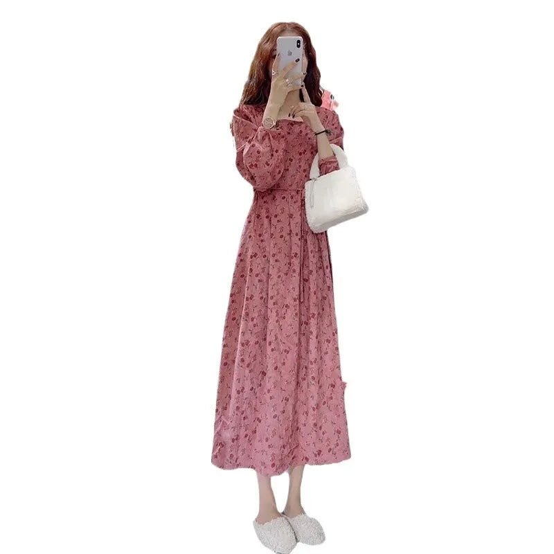 Red floral sweet cover long dress with elastic high waist and 3/4 princess sleeves