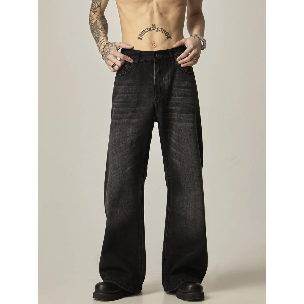 Black loose straight retro jeans with zipper fly shown from front and back views