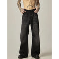 Black loose straight retro jeans with zipper fly shown from front and back views
