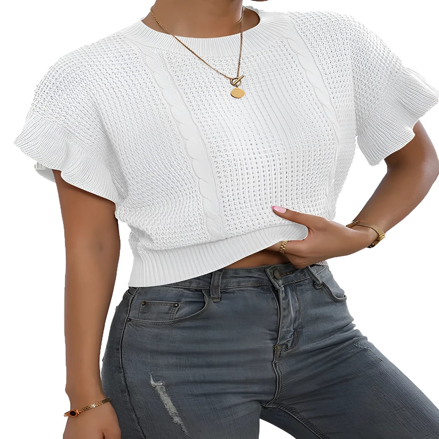 White knitted pullover sweater with twisted string ruffled short sleeves creating 3D pattern effect