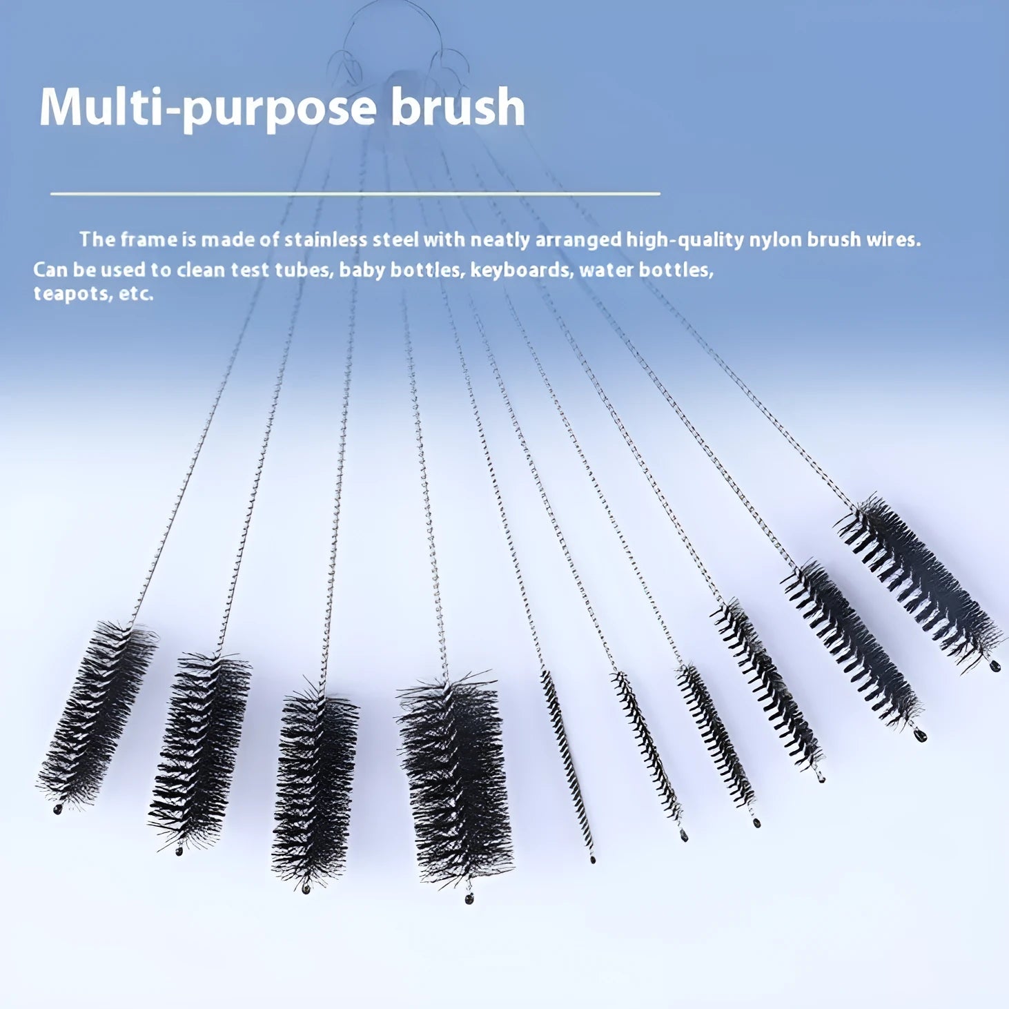 Nylon cleaning brush set with stainless steel handles for straws and narrow bottles