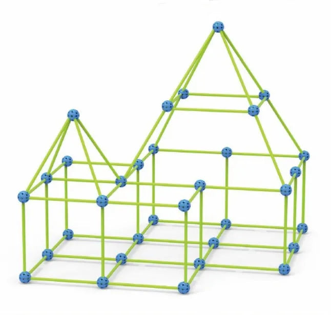 Luminous children's fort building kit with plastic rods, balls, and storage bag assembled into a play tent