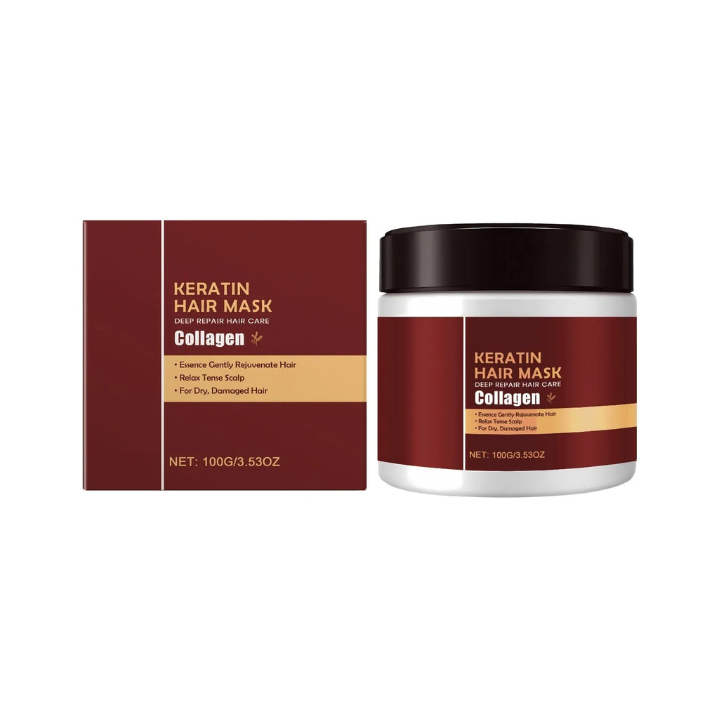 100g cube jar of keratin and collagen hair mask with aloe vera for moisturising and smoothing hair.