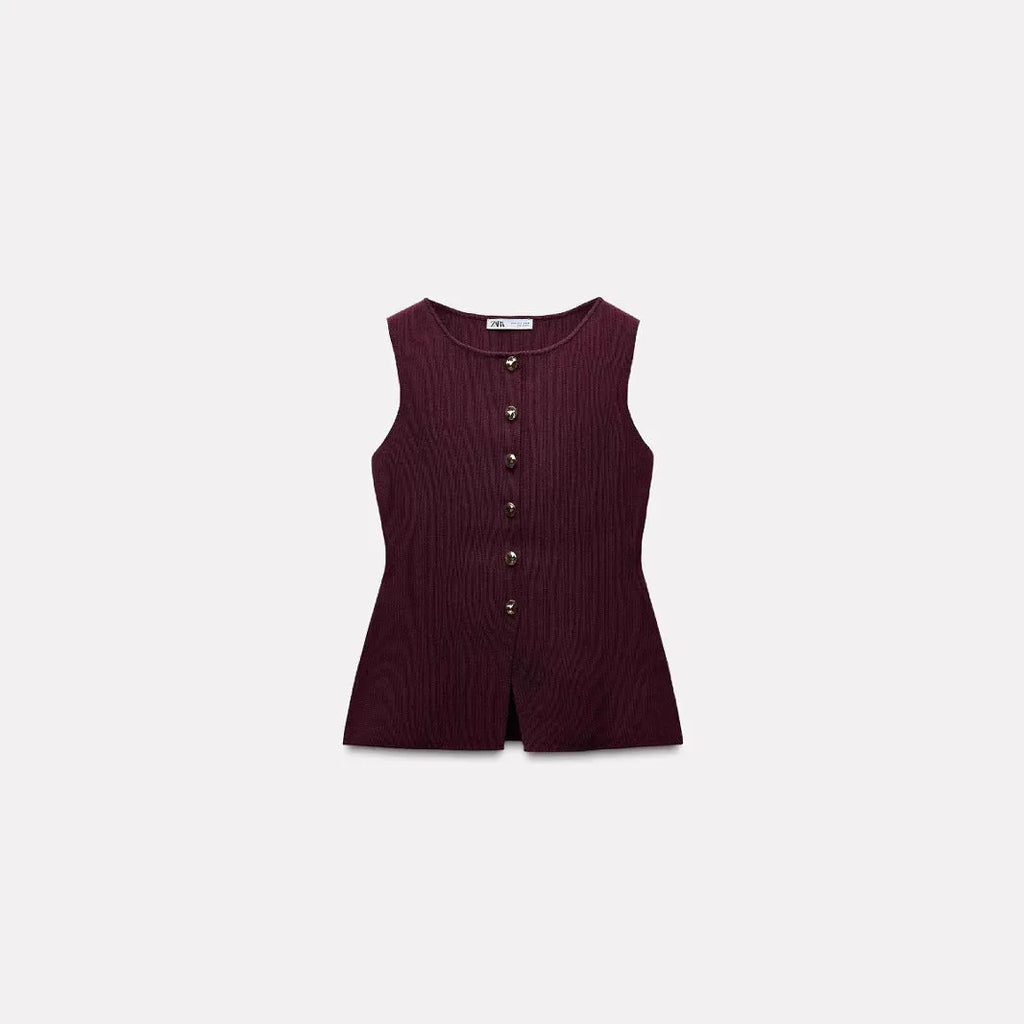 Dark red slim-fit viscose sweater vest with a 3D pattern on a hanger.