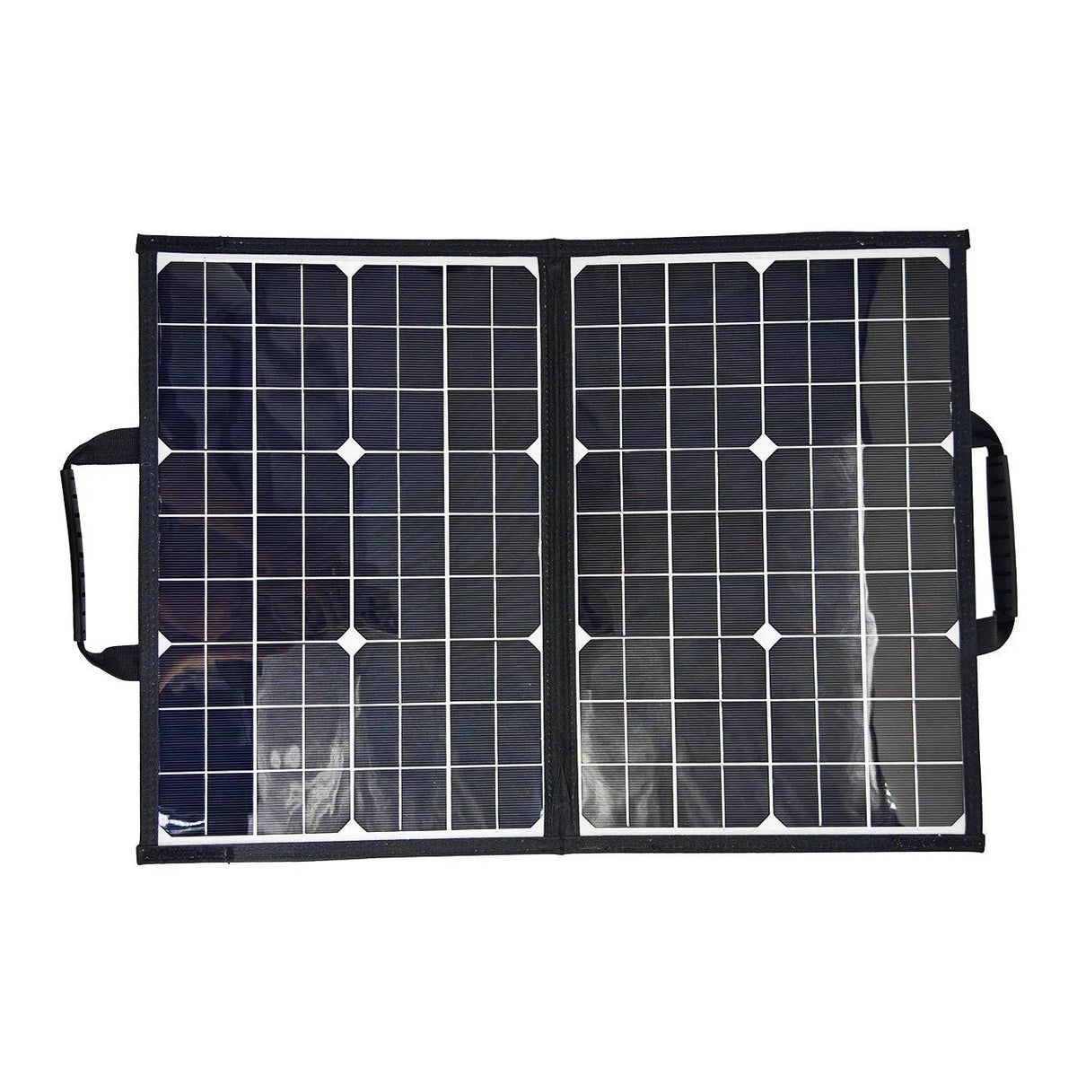 Black folding bag solar panel showing compact folded size, suitable for outdoor portable power.