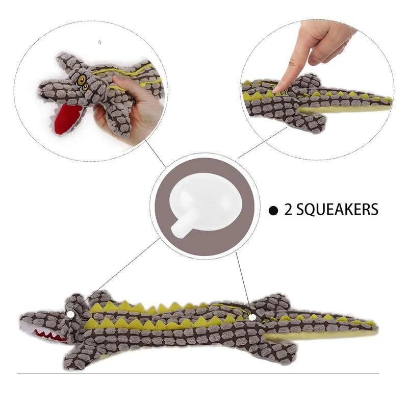 Blue plush crocodile dog toy with corduroy fabric texture and squeaker for interactive play