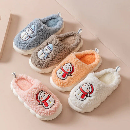 Cozy snowman-designed slippers with plush upper and anti-slip sole for indoor winter wear