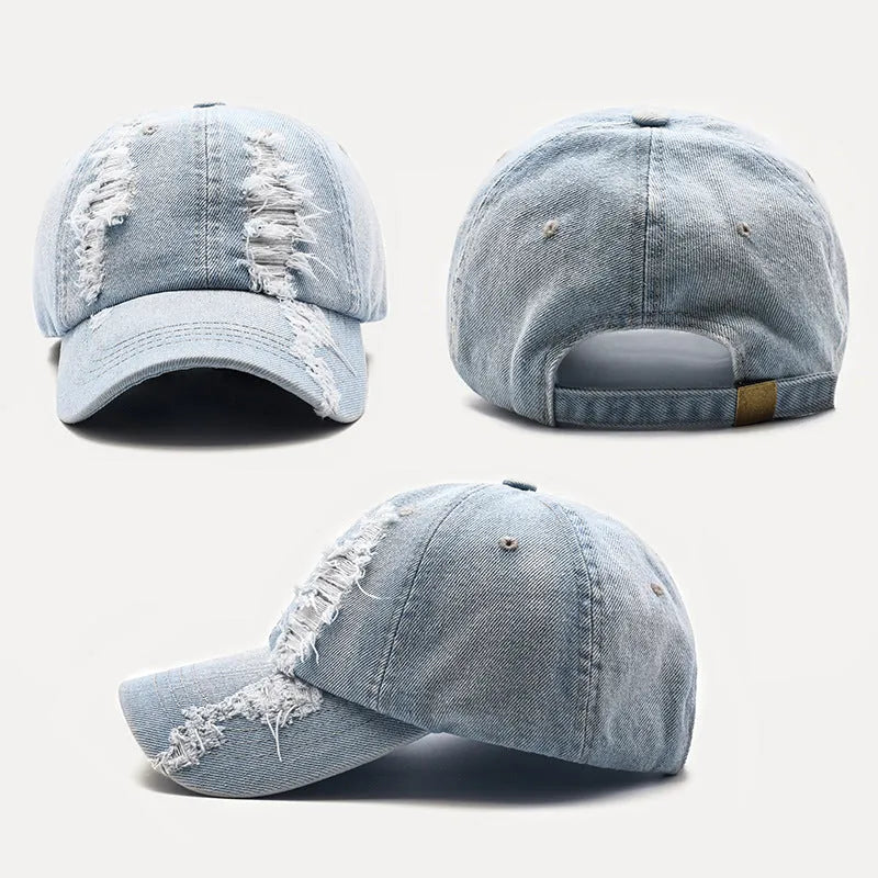 Men's washed cowboy baseball cap in cotton, shown in black, blue and light blue, size M 56-58cm