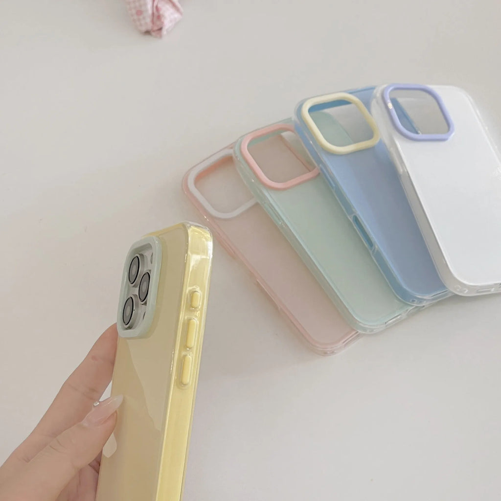 Clear jelly all-inclusive iPhone case in blue, white, yellow, pink and green colours for drop protection