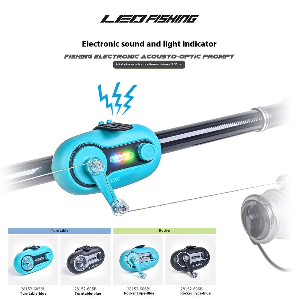 Fishing rod alarm with LED light and telescopic mount in blue rocker style