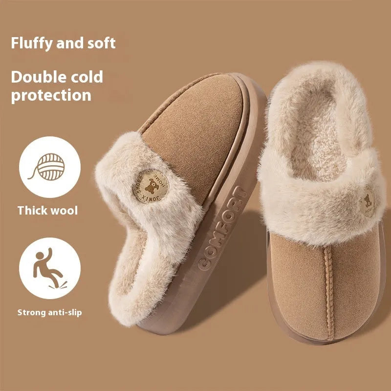 Plush fleece winter slippers with thick PVC soles in black, blue, brown, khaki or pink