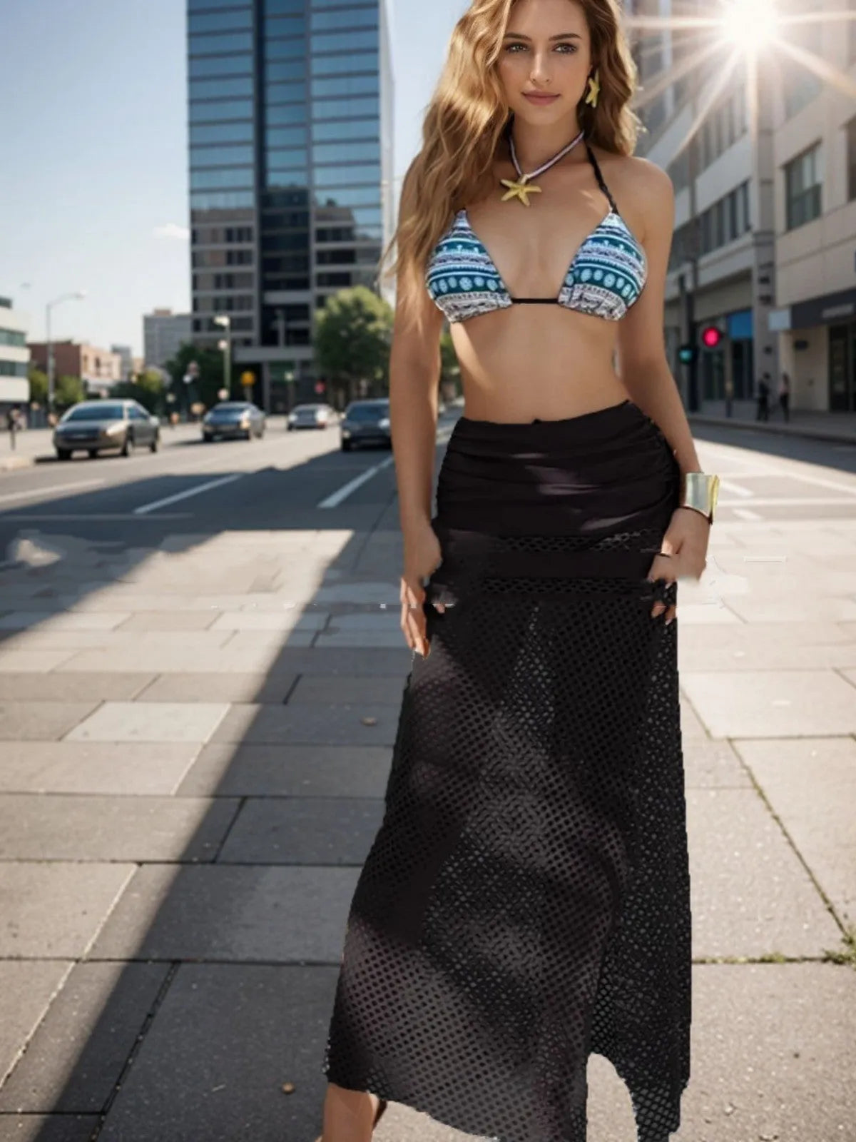 Women's sexy gradient bikini and fishnet long skirt three-piece set in black