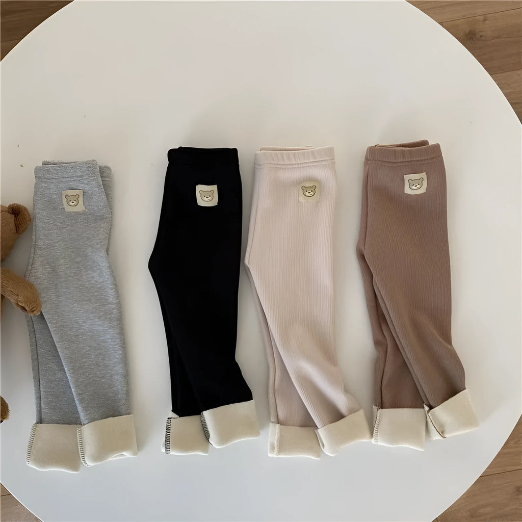 Girls' fleece-lined high-waist leggings in beige, black, brown and grey colours with wool lining