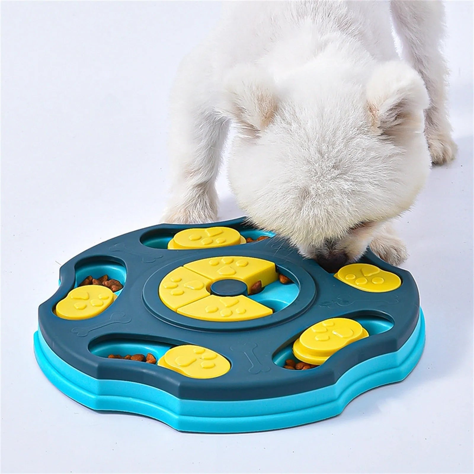 Blue dog puzzle food feeder toy with interactive compartments for slow feeding and mental stimulation