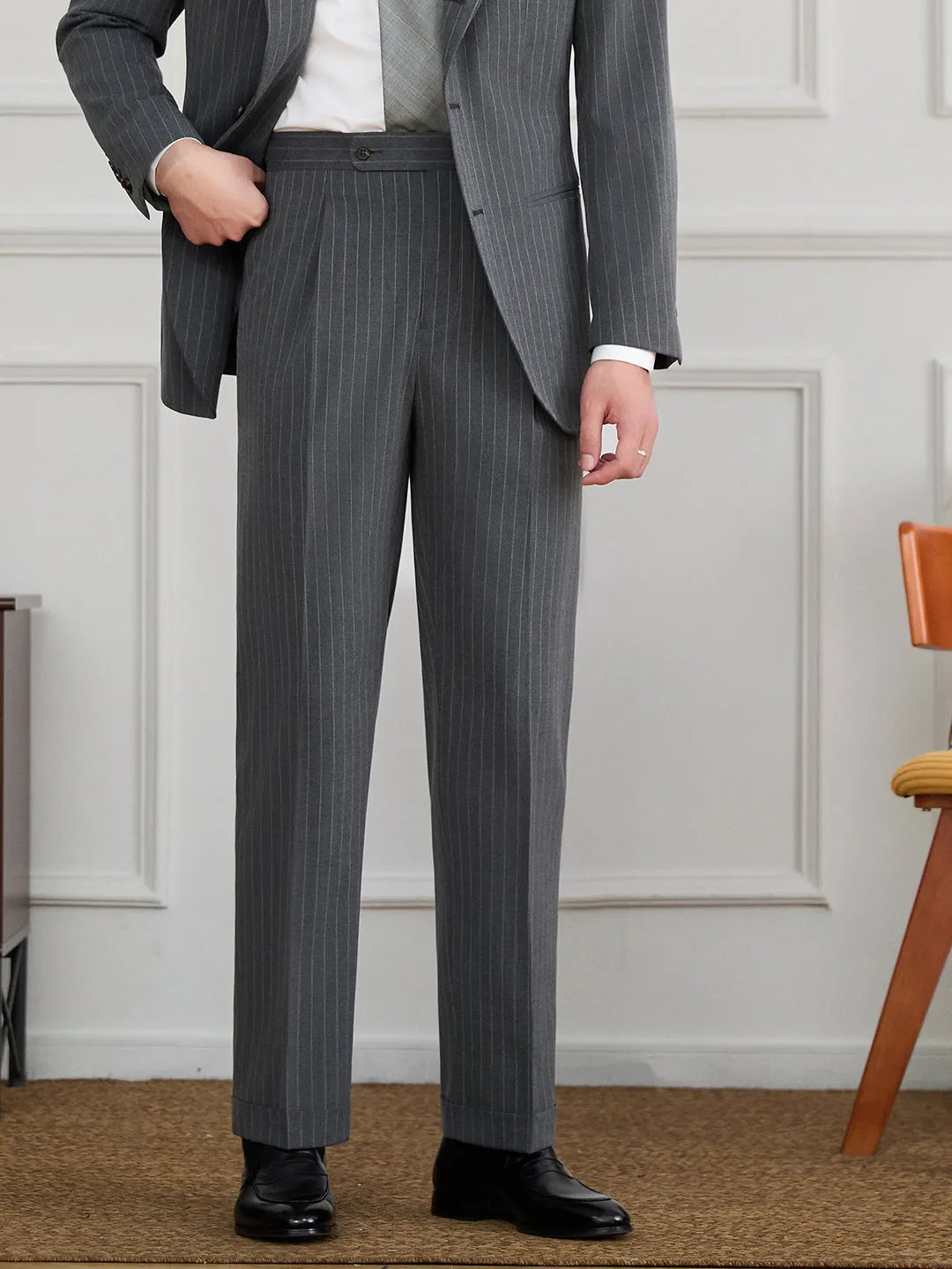 Men's Neapolitan striped trousers, mid-high waist, straight-leg, dark blue or dark grey, polyester, sizes 29-36