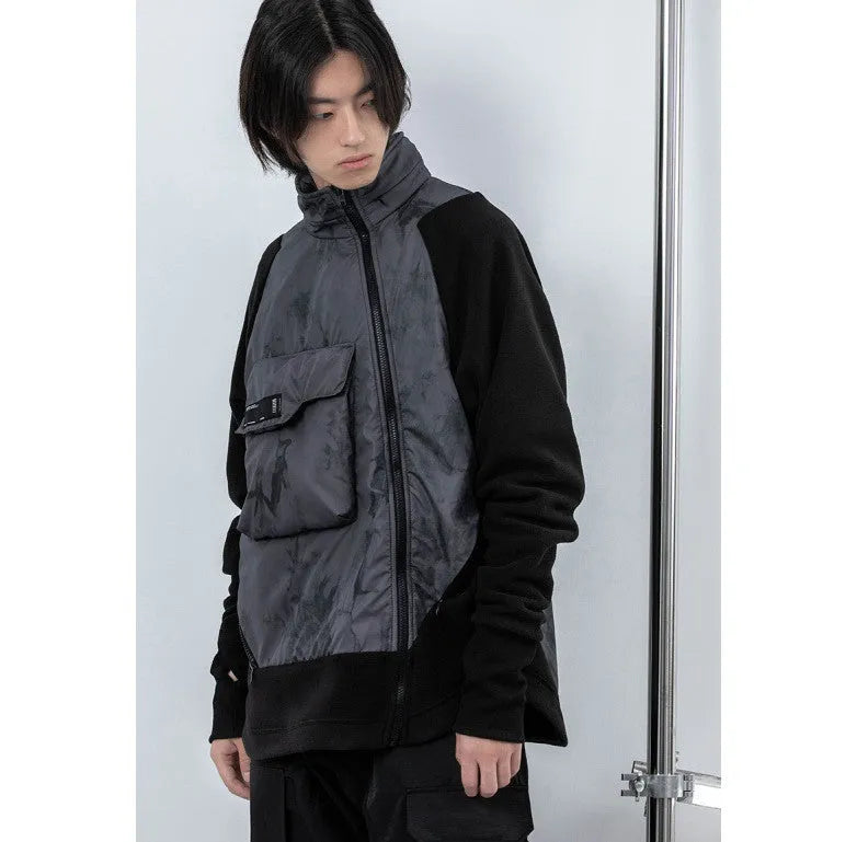 Men's black loose hooded fleece jacket with trend stitching, cotton material, available in sizes M to XXL.