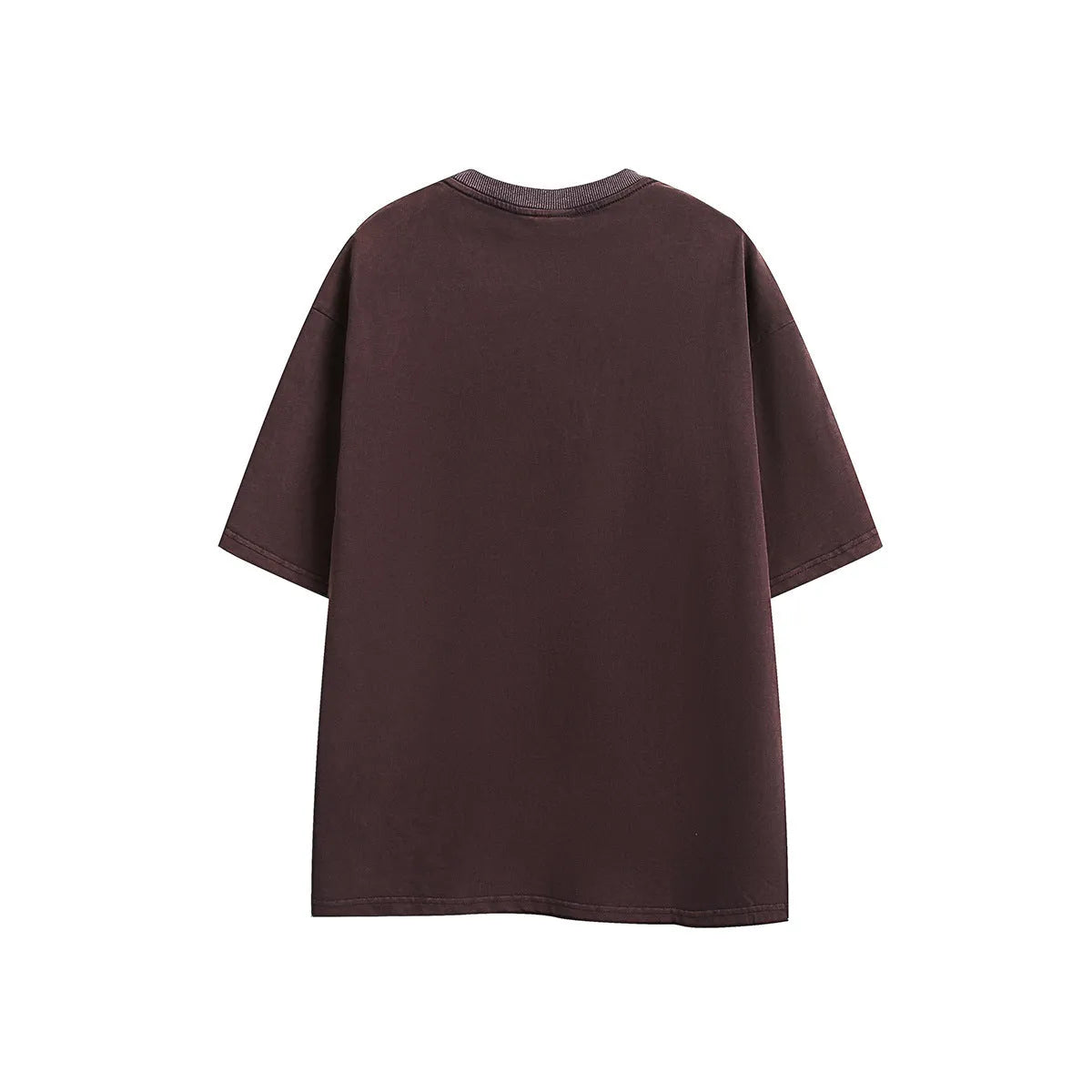 Purple and black washed cotton retro T-shirt with embroidery, shown in loose fit with half-length sleeves.