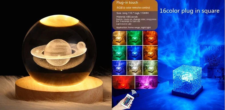 Mesmerizing water ripple ambient night light with rotating projection, 16 color options, and USB charging