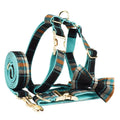 Retro green cloth dog collar, leash, vest, and bow four-piece accessory set