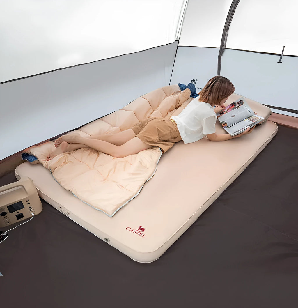Inflatable camping mattress 2.5cm thin floor mat in apricot colour for outdoor use