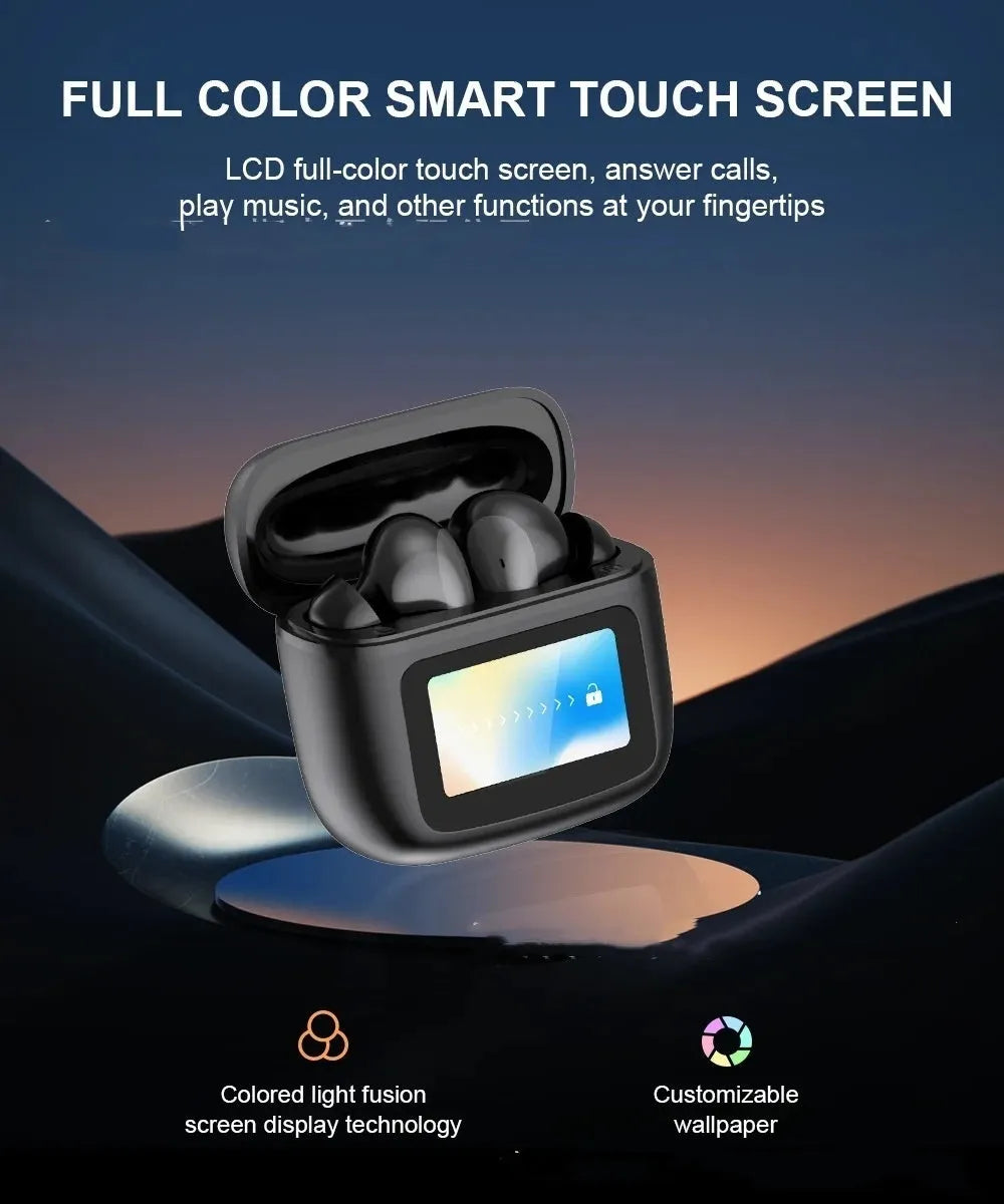 T68 PRO wireless Bluetooth headset with touch colour screen in black, silver, and champagne colours