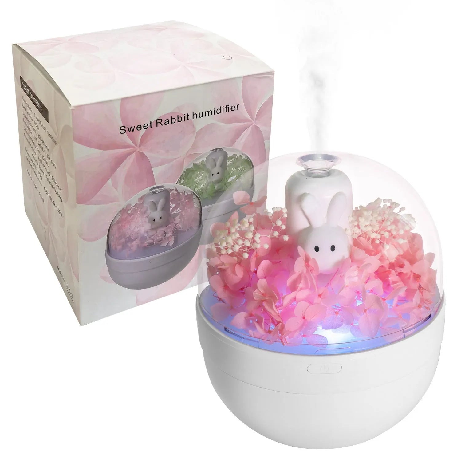 Pink creative rabbit-shaped aromatherapy humidifier with preserved flowers on top.