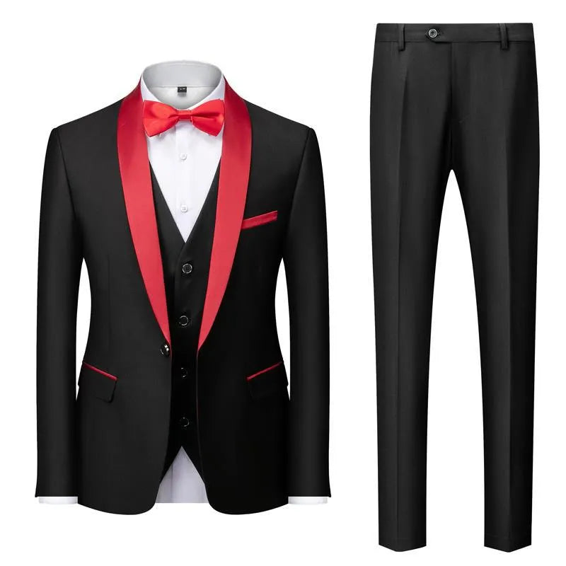 Men's three-piece slim fit suit set with green fruit collar in black and other colours, sizes S to 6XL