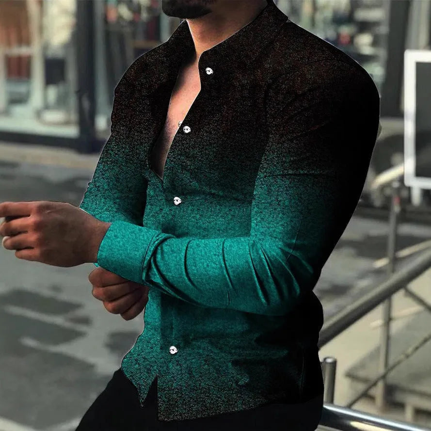 Men's slim fit gradient cardigan in blue with long sleeves and button front, shown on model