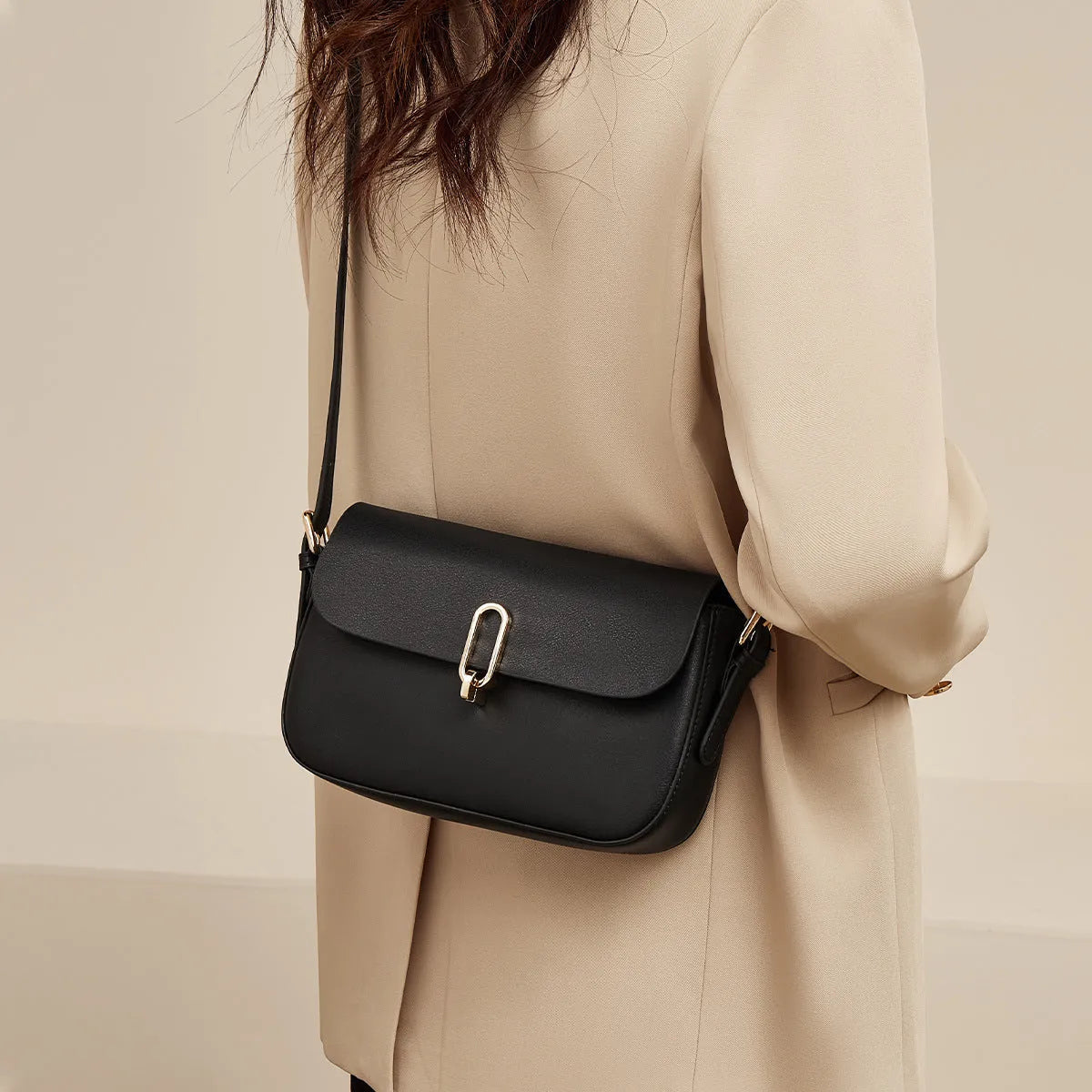 Black or brown genuine cowhide leather square shoulder messenger bag with a lock.