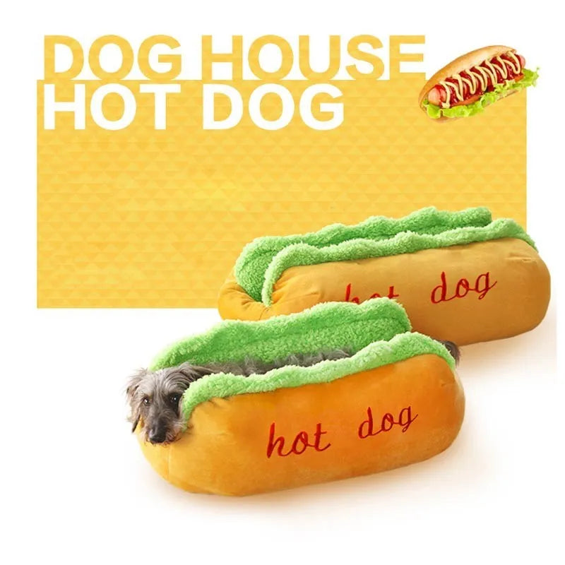Hot dog shape pet kennel bed with PP cotton filling, short plush surface, removable washable cushion and non-slip bottom
