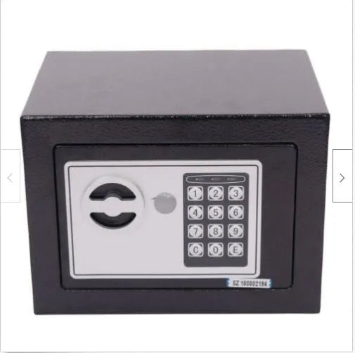 Mini office safe with password lock in white finish, compact size for desk or shelf placement