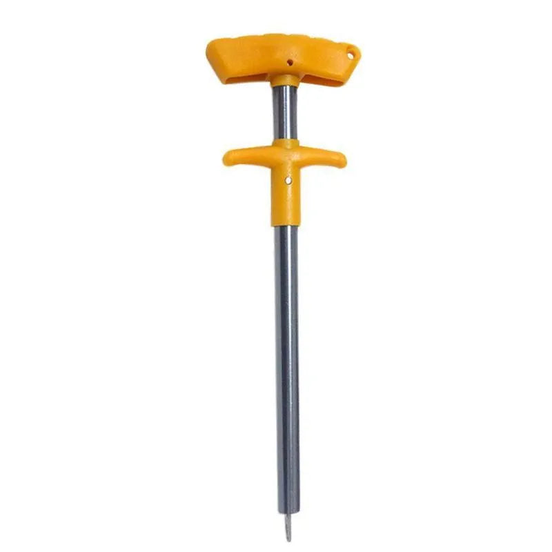 Portable T-shaped fishing hook extractor in black with anodized aluminium handle and stainless steel hook