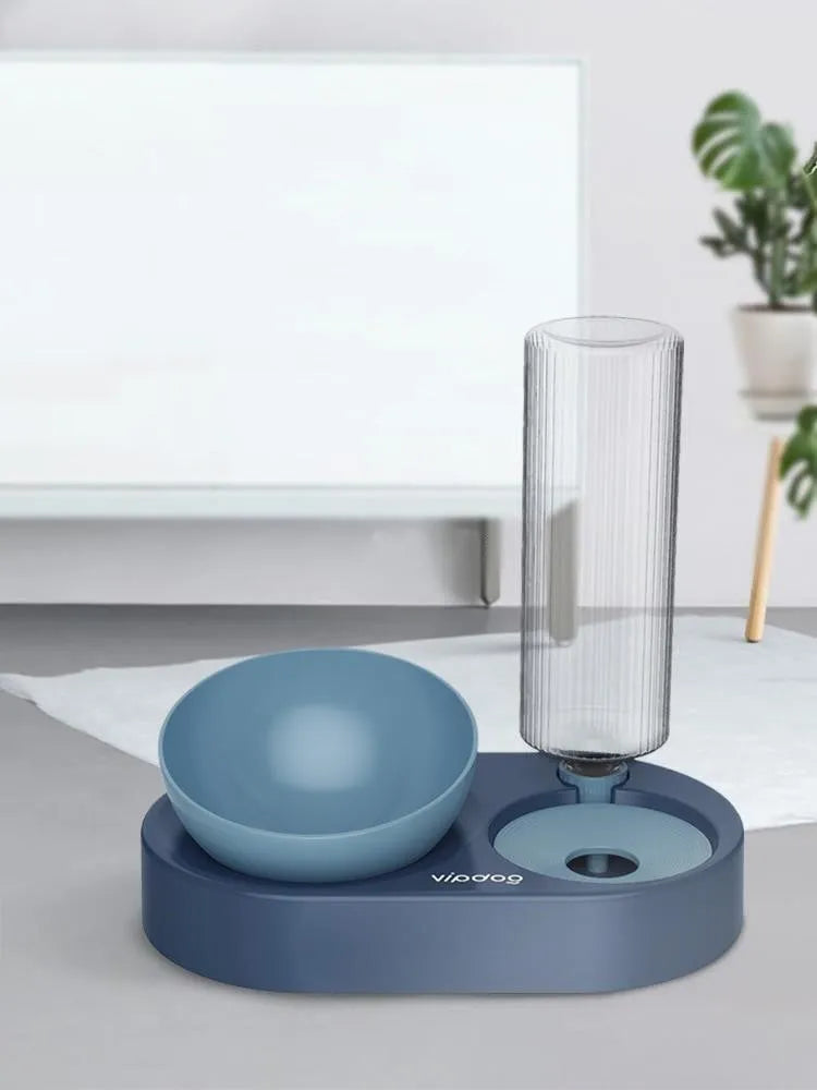 Double bowl automatic dog cat feeder with 600ml water dispenser, raised adjustable plastic base in dark blue