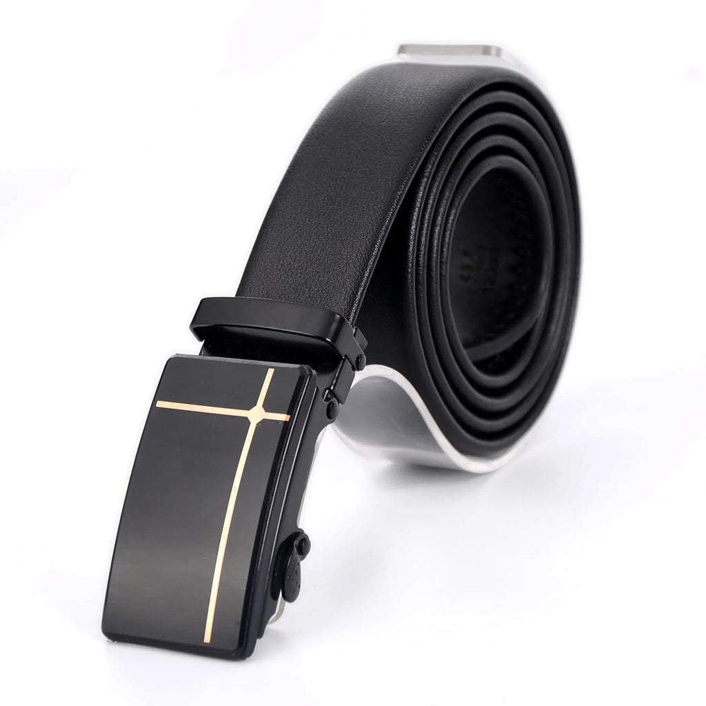 Men's automatic buckle belt with iron mirror acrylic buckle, imitation leather strap, patent leather finish