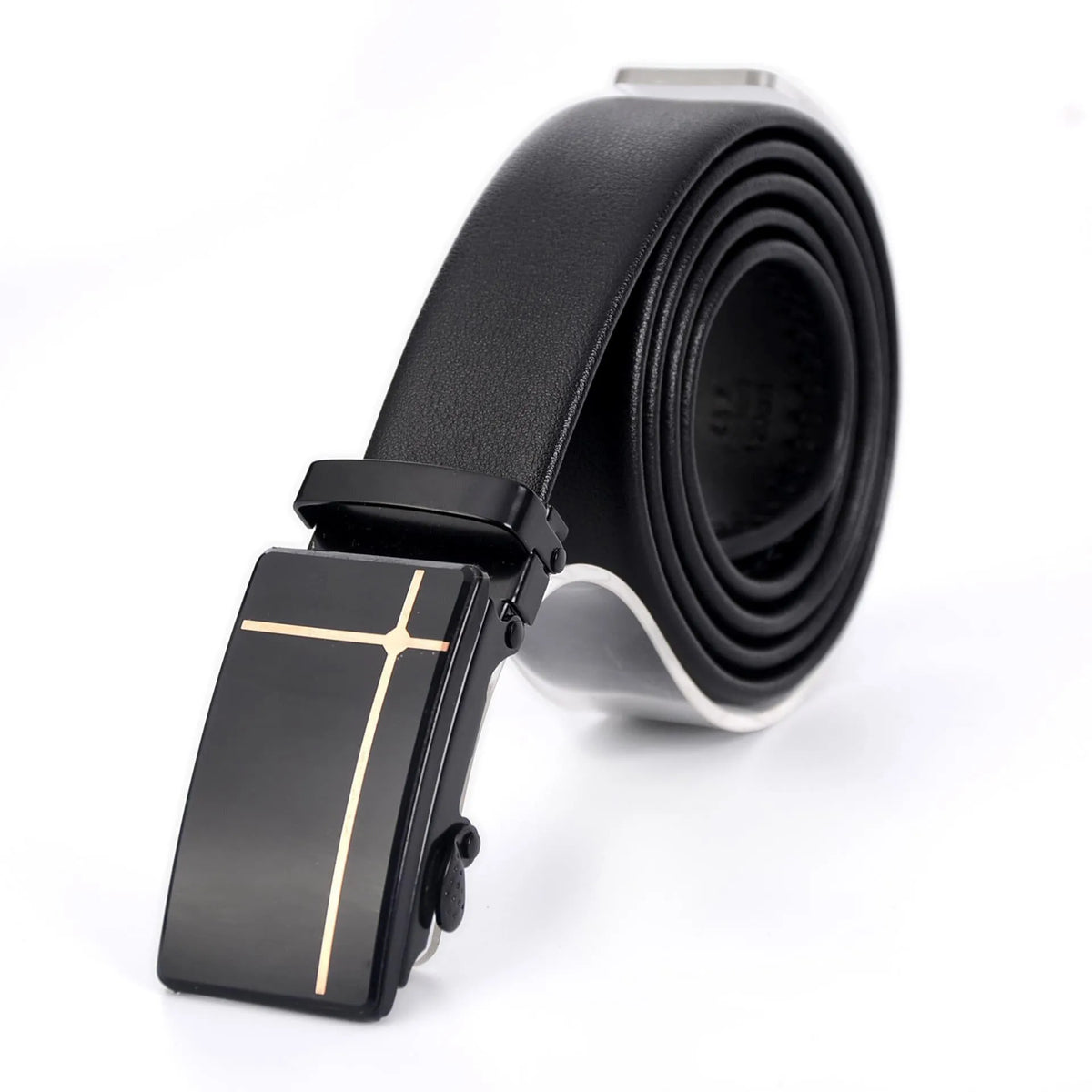 Men's automatic buckle belt with iron mirror acrylic buckle, imitation leather strap, patent leather finish
