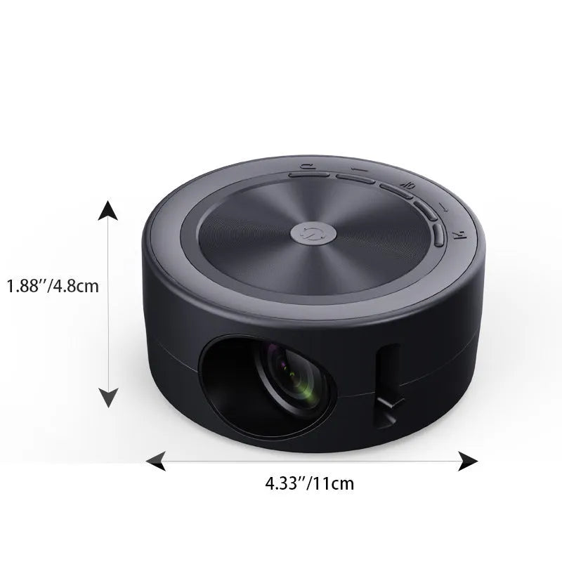 YT200 portable LED projector in black colour with compact 110x47mm dimensions