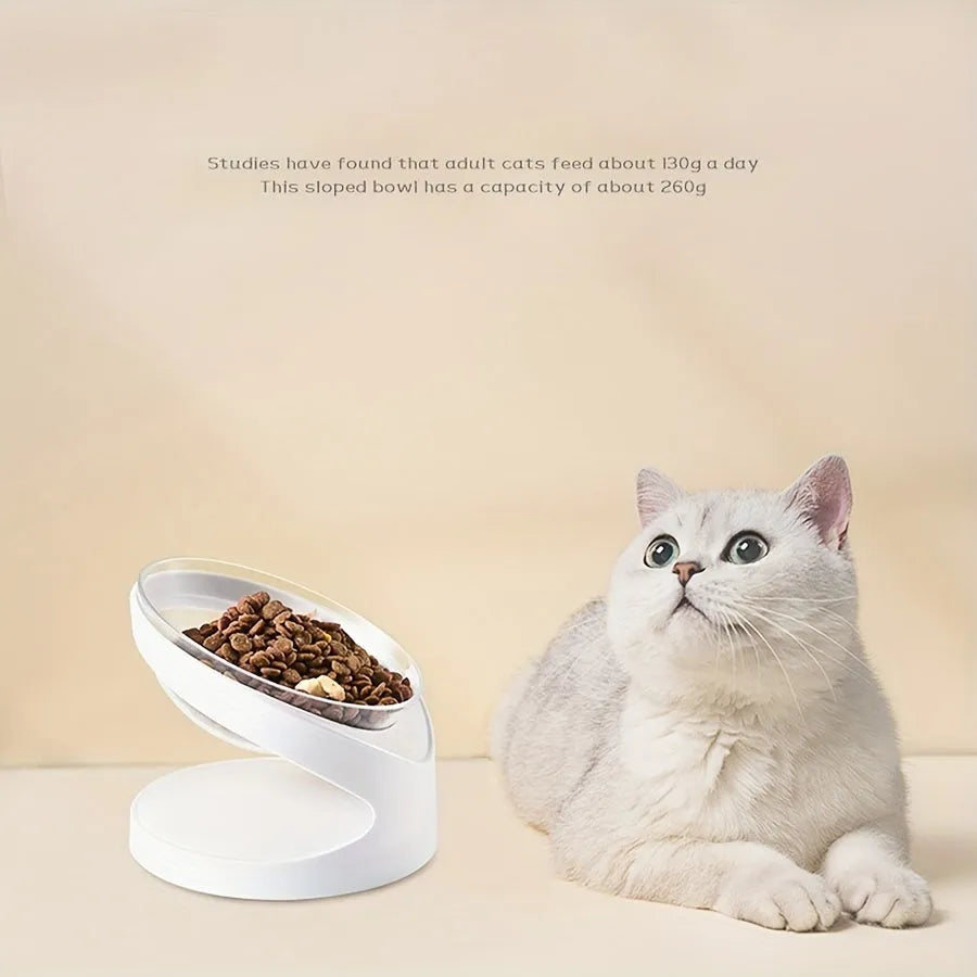 White elevated plastic cat food bowl with a tilted feeding surface for neck protection.