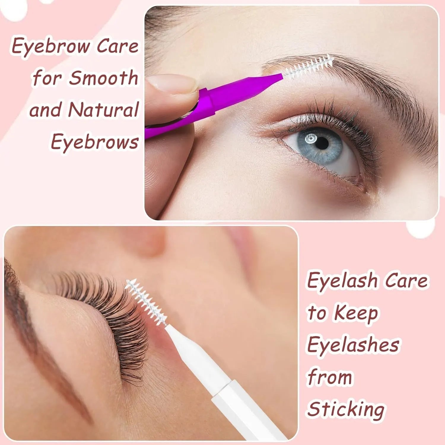 Set of micro eyebrow and eyelash brushes with protective caps in various colours on a white background.