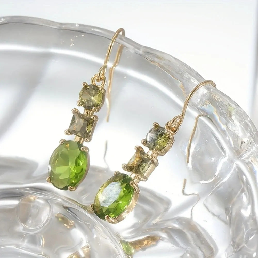 Green geometric quadrilateral copper earrings with retro Bohemian style