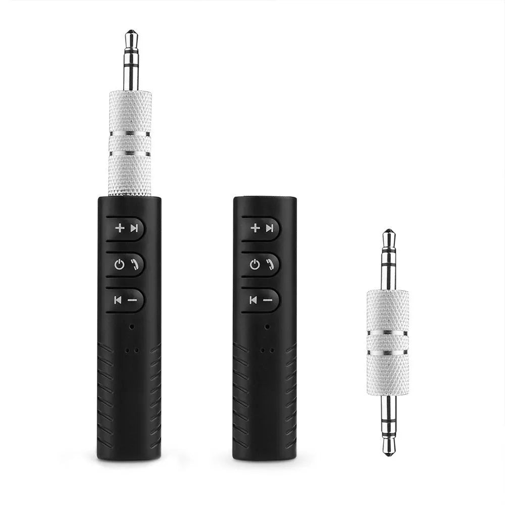 Black Bluetooth car audio receiver adapter with 3.5mm AUX connection for wireless music streaming