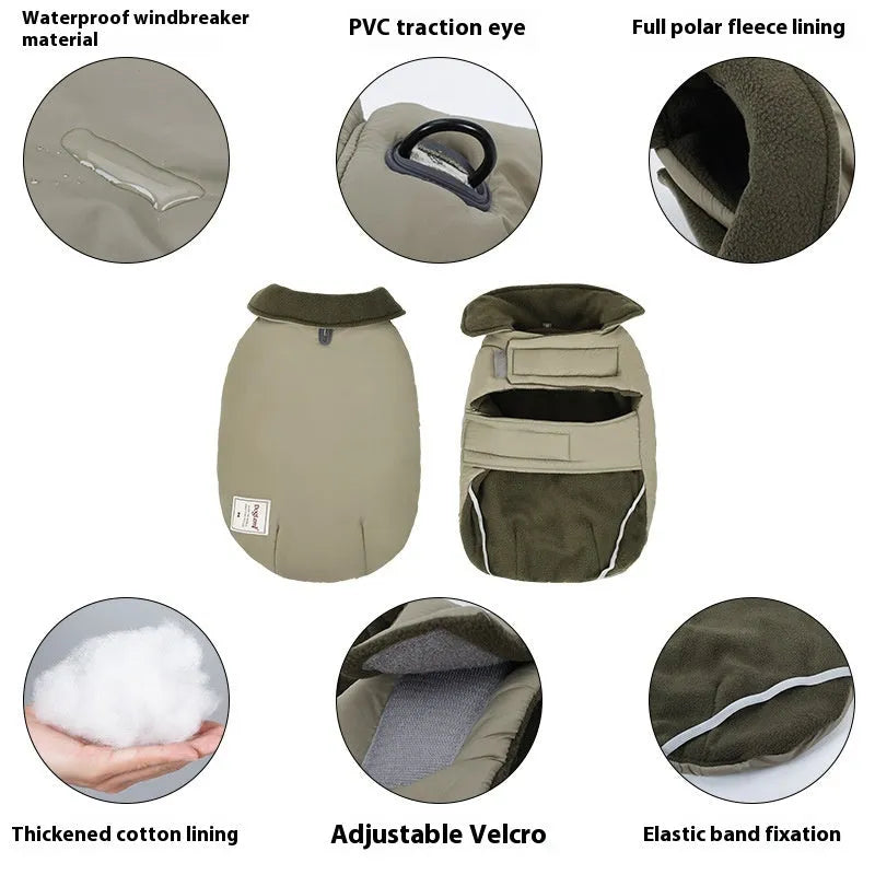 Dog wearing cotton-padded polyester vest with turtleneck lapel design in khaki green colour.