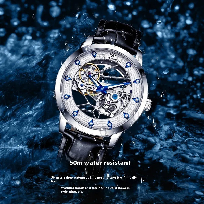 Men's silver mechanical watch with white dial, blue hands and black leather strap