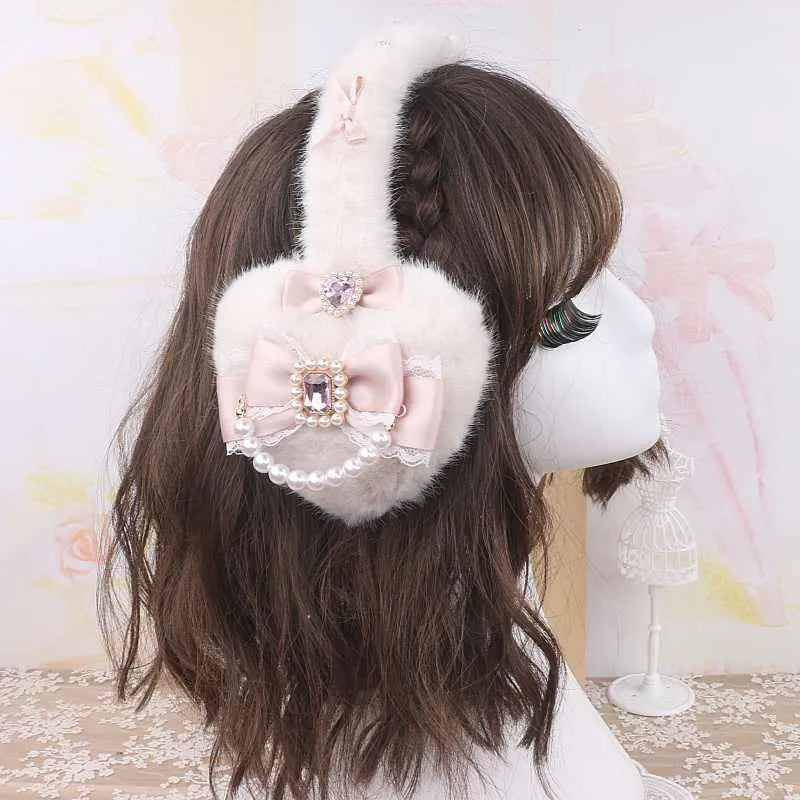 Plush heart bow tie earmuffs with 11x11cm big heart design in Black, Light meat powder, or Milky White